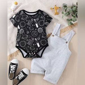 Baby Boy Casual Planet Space Print Romper & Solid Bib Shorts Set